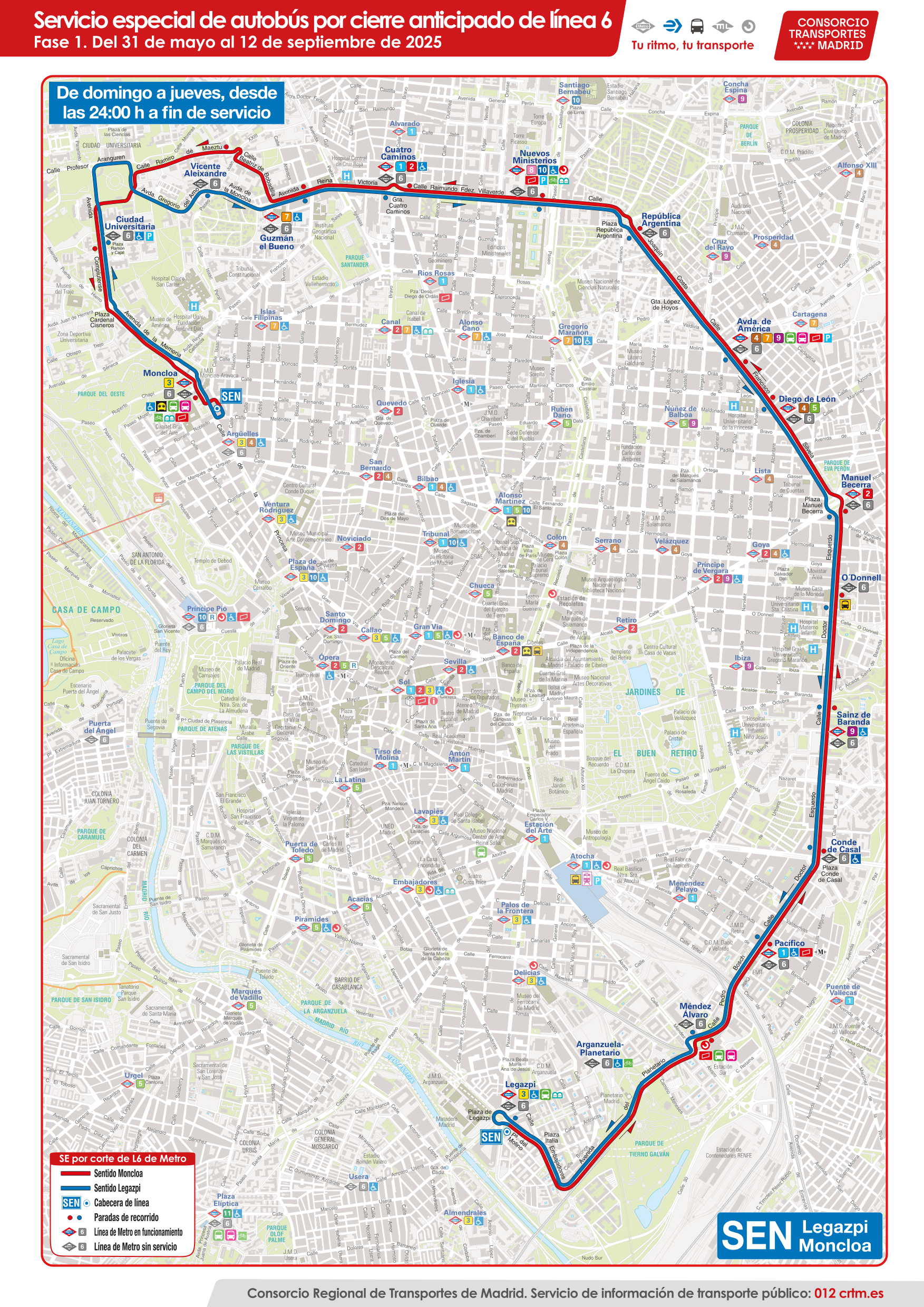 Plano del servicio especial nocturno entre Legazpi y Moncloa por cierre anticipado de línea 6